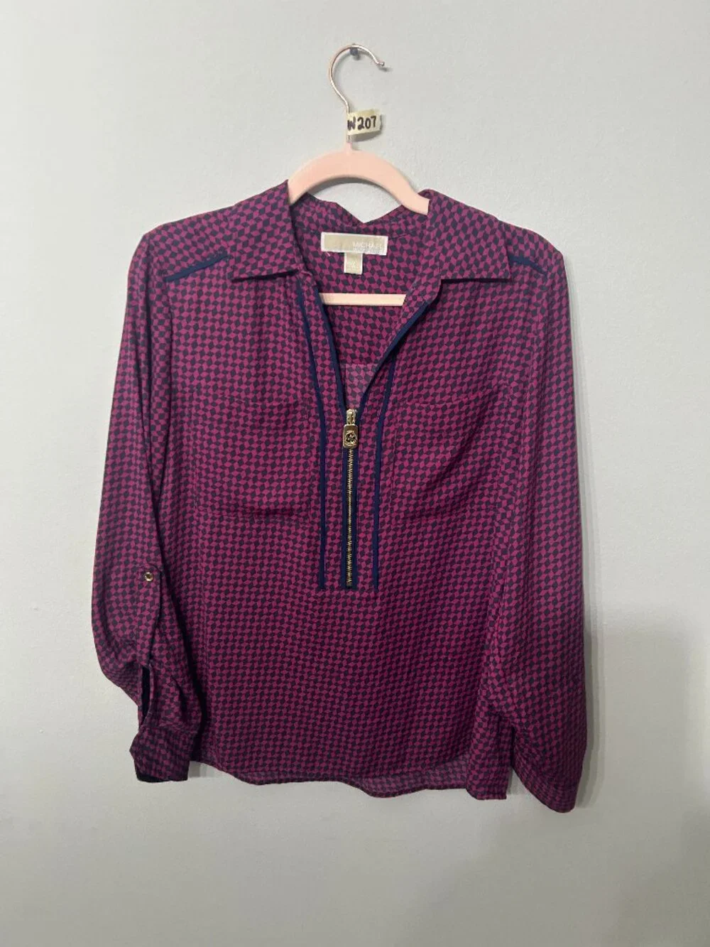 Women’s Michael Kors Pink Navy Geometric Zip Blouse Medium Roll Tab
